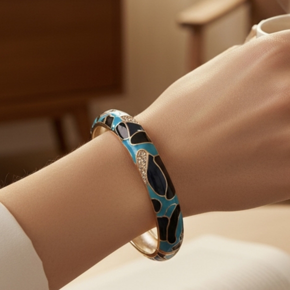 Y2K Sequin Enamel Rhinestone Hinged Bangle Bracelet - Picture 2 of 11